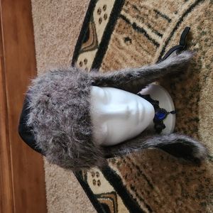 Plush Faux Fur Trapper Hat in Gray with Black Crown